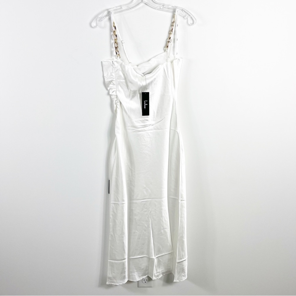 Lulus Blissful Memories White Satin Chain Strap Slip Midi Dress NWT Size Medium - Picture 5 of 7